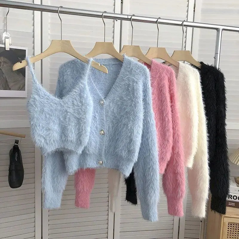 Mink Cashmere Camisole Tops Korean Fashion Fleece Short Pink Cardigan Knitted Coat Pull Sueter White Sweaters for Women 2 Sets