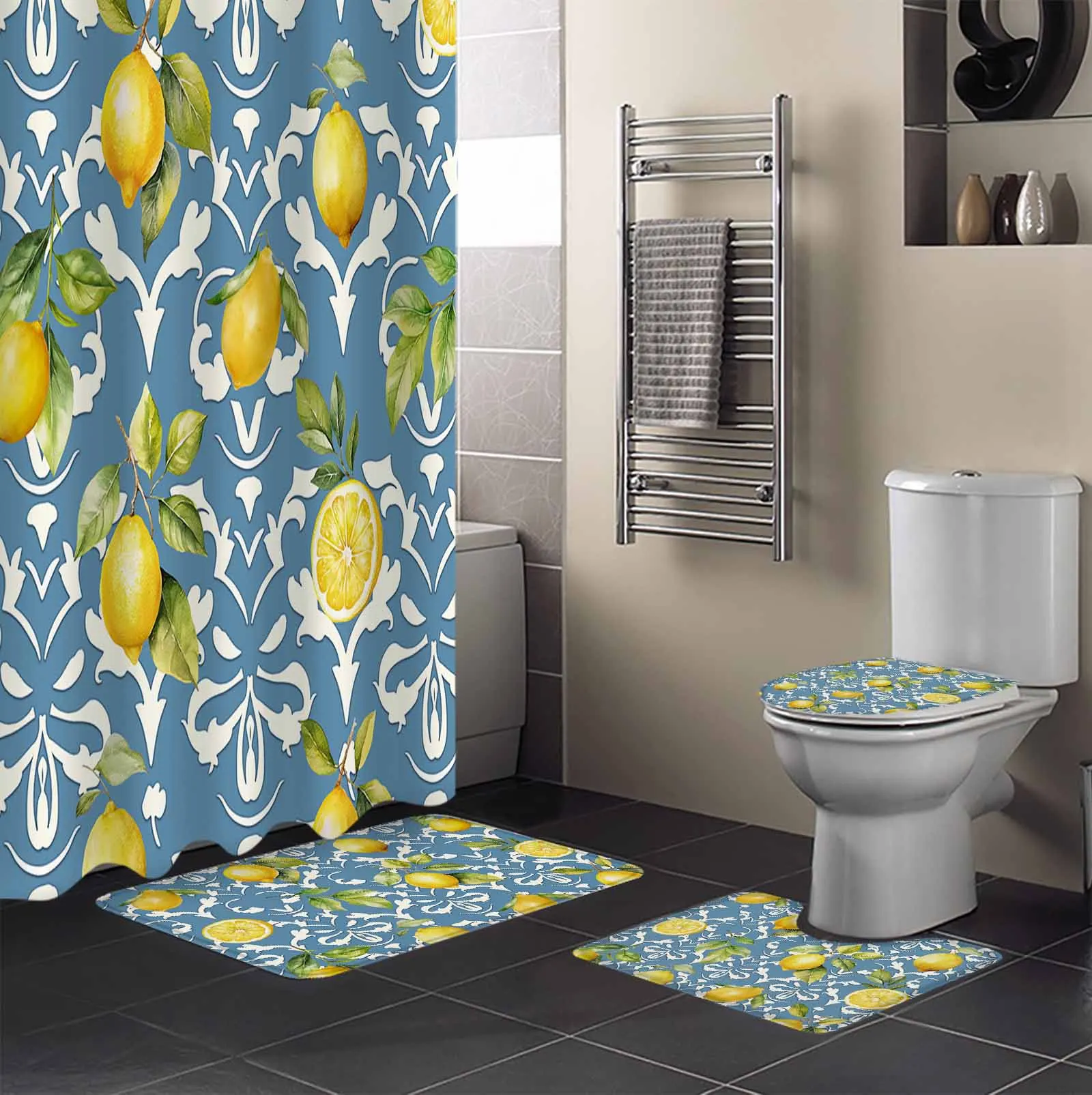 Lemon Leaves Pattern Shower Curtain Set Non-Slip Rugs Bath Mat Toilet Lid Cover Waterproof Bathroom Curtain