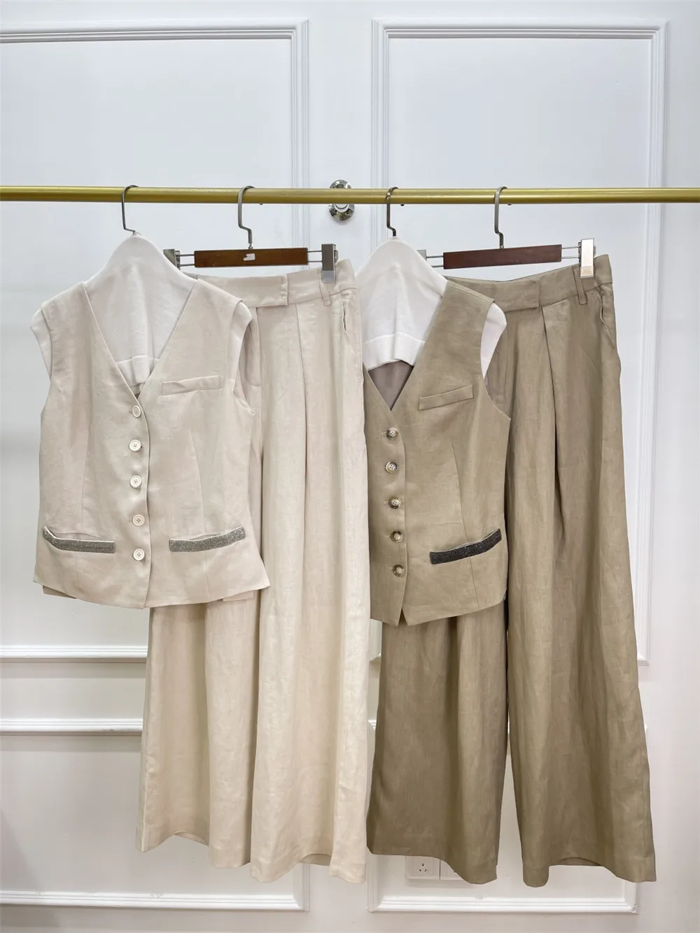 

Women's Clothing V-Neck Linen Sleeveless Vest + High Waist Straight Trousers Casual 2-piece Set