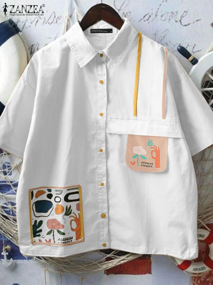 

ZANZEA Women Short Sleeve Blouse Holiday Patchwork Shirt Fashion Casual Loose Lapel Collar Tunics 2025 Korean Office Buttons Top