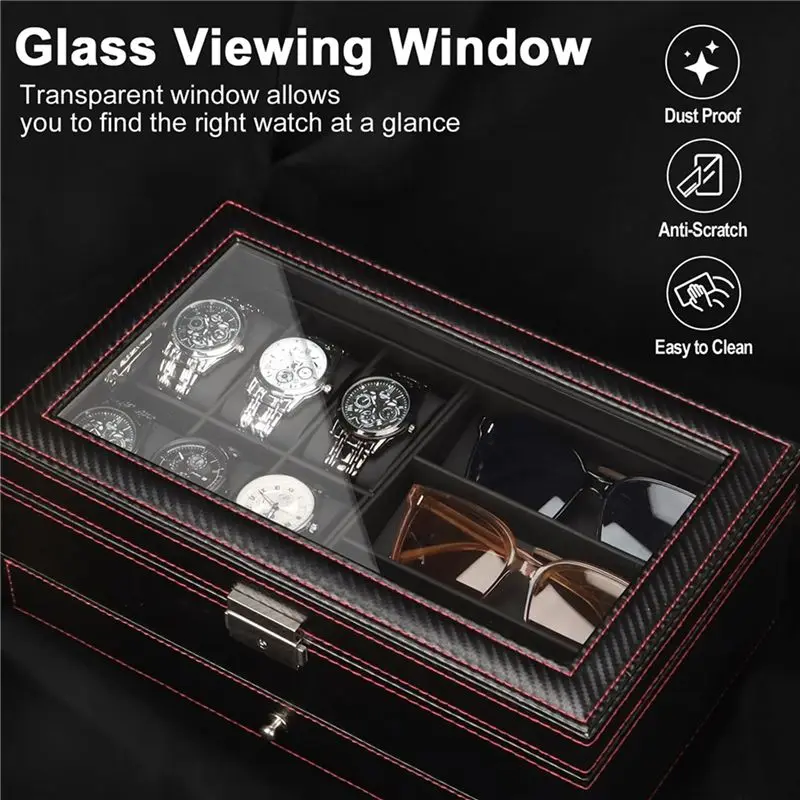 A32HOT-2X Watch Box, Mens Jewelry Box With 6 Slot Watch Case & 3 Slot Sunglasses Organizer, 2 Layers Lockable Watch Holder