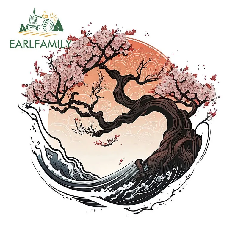 EARLFAMILY Japan Cherry Tree Car Sticker Environmental Friendly Artistic Luggage Vinyl Waterproof Decal Sunscreen Car Goods