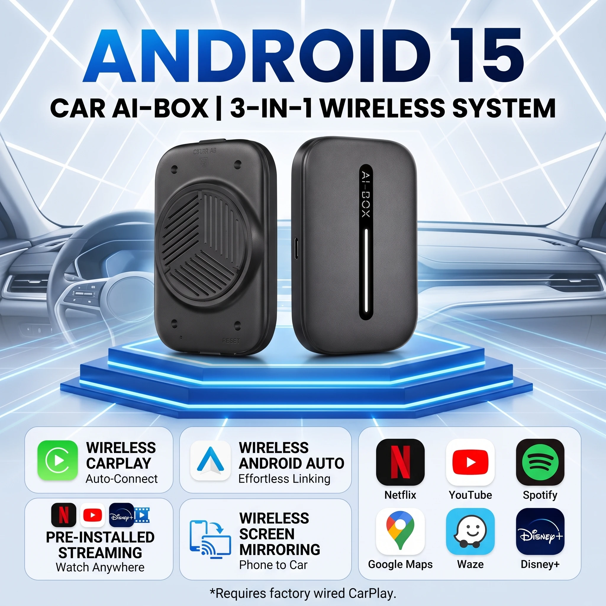 Kowankit 2026 Wireless CarPlay AI Box Android15 Wireless Android Auto Adapter 3in1 Smart Car TV Box HD Plug Play Netflix YouTube