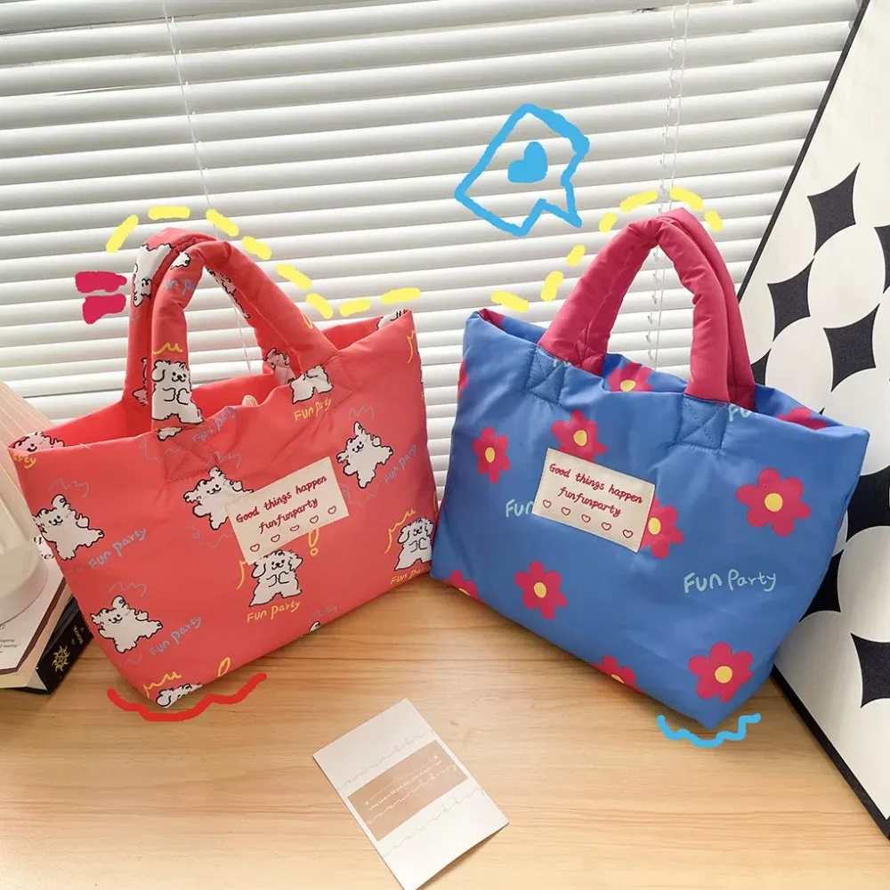 Cute Cartoon Dog Cotton Padded Tote Bag Flower Tulips Mommy Quilte Handbag Korean Style Portable Flower Shoulder Bag Women