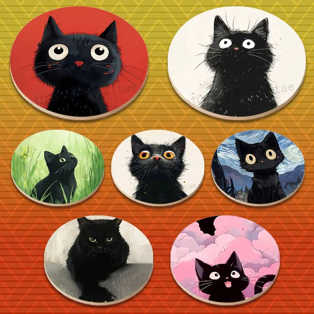 

Cute Black Cat Cartoon Art Round Wooden Coasters Suitable for Drinks Tea,Coffee for anti-slip decoration in bars and cafes