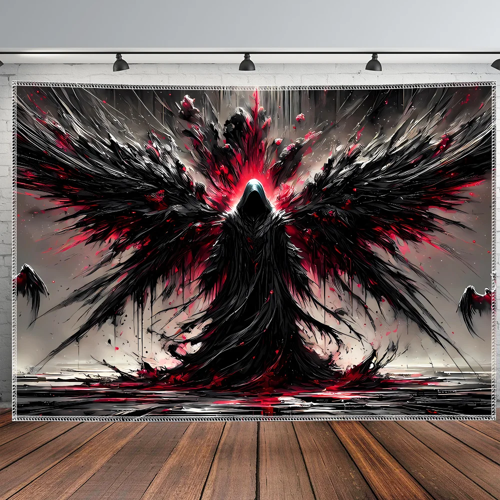 Dark Angel Demon Wings Wall Tapestry Gothic Art Black Red Abstract Canvas Print Fantasy Room Decor Horror Theme Home Decoration