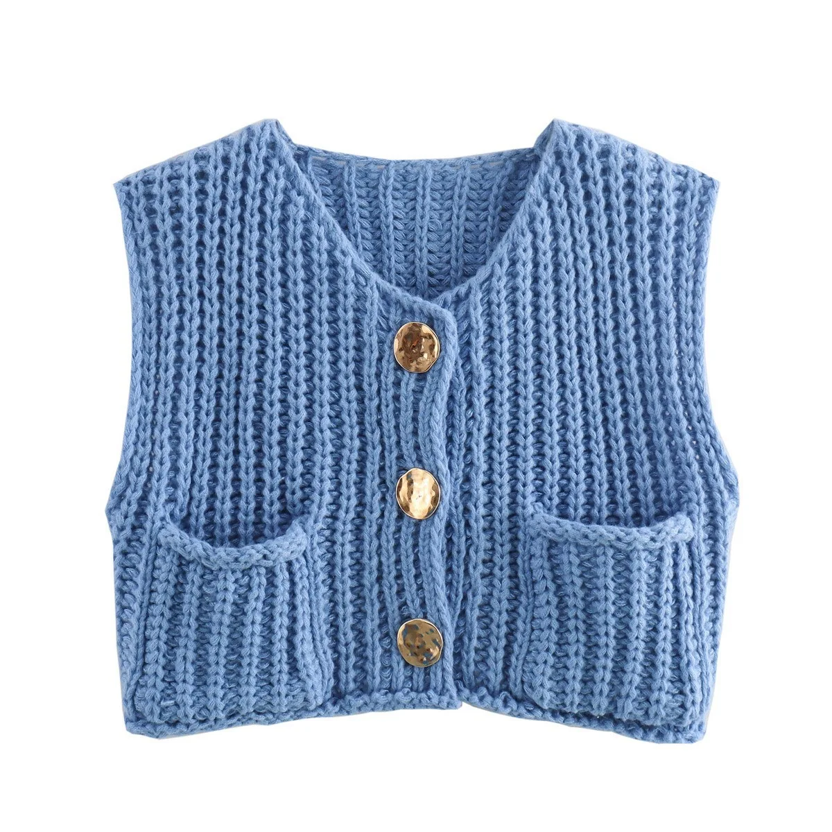 Chunky Knit Top Blue Sweater Vest with Gold Button Pocket Front Round Neck Sleeveless Crop Cardigan Jacket Women Trendy Outfit