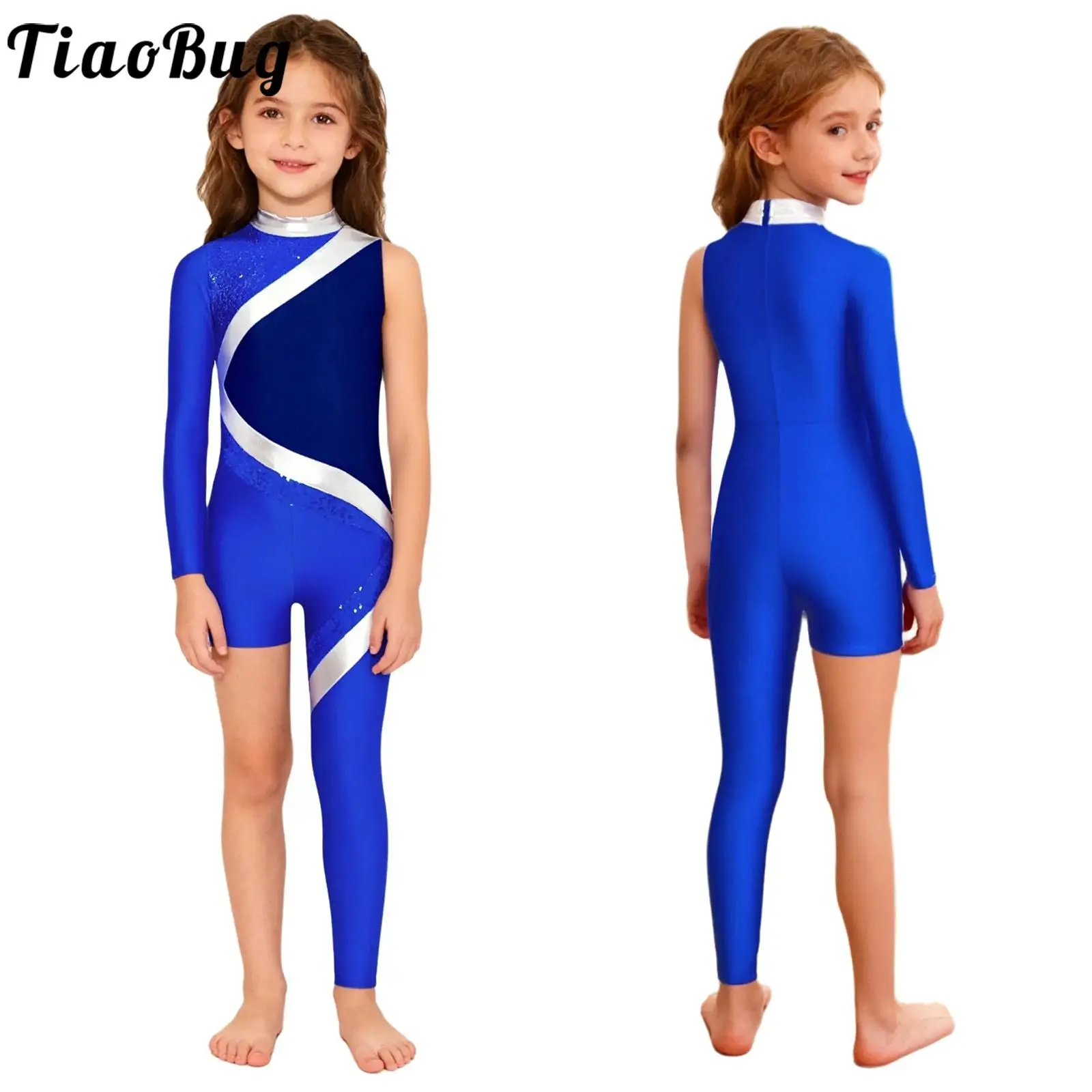 Patinação artística crianças meninas ginástica rítmica collants bodysuits assimétrico brilhante lantejoulas contraste cor macacão desempenho