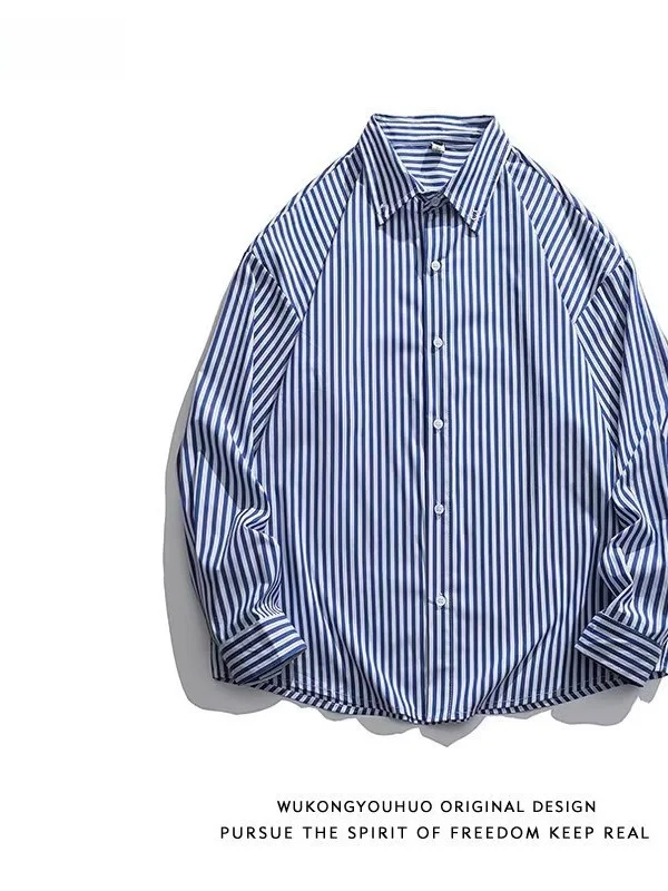 

Loose Men's Long Sve irt Vertical Stripes Inner Wear Casual Street Sle Spring Autumn Season ex Polyester Fiber