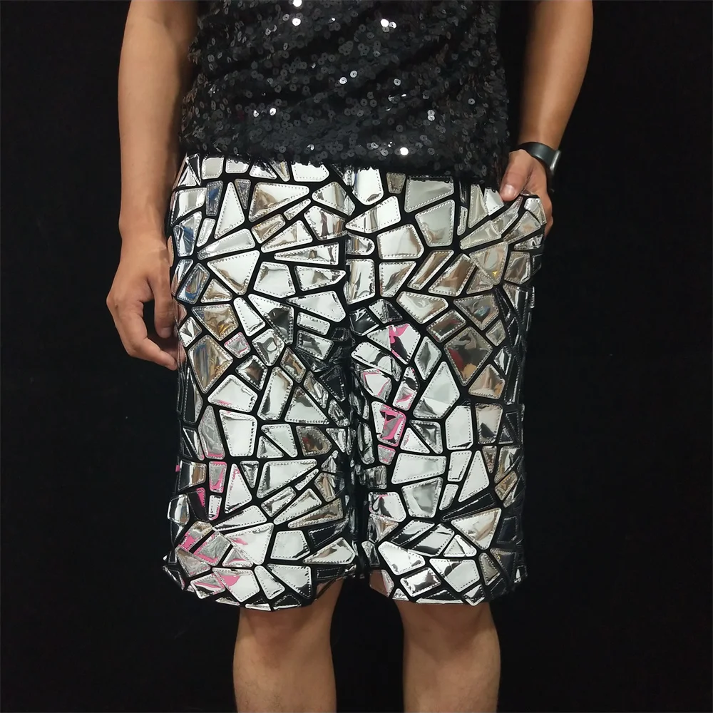 

Silver Casual Pants Laser Sequins Party Carnival Men Mirror Short Trousers Elastic Waist Stage Performance Singer Dance Costume