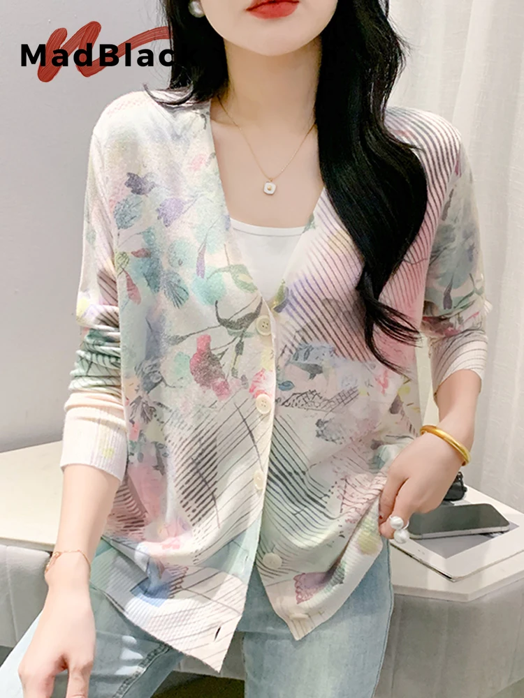 

MadBlack-Women European Clothes Sweaters, Sexy V Neck Print, Fashion Long Sleeve Loose Cardigan Knitwear, 2025 Winter C5D235CC