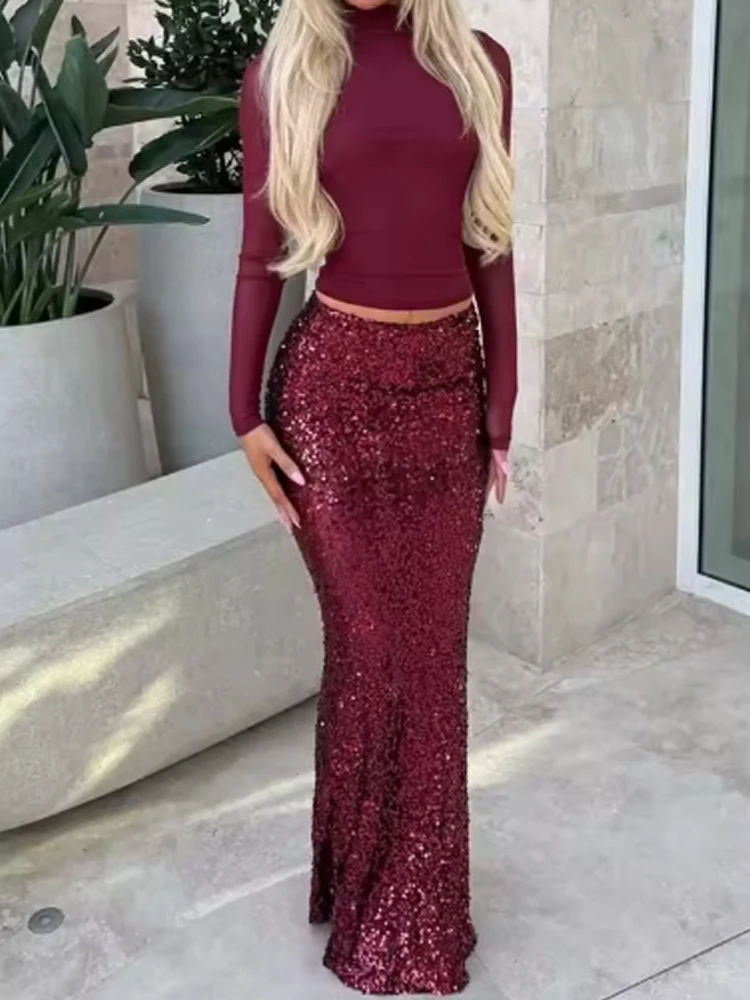 

Модная водолазка, пуловер и юбка с длинными рукавами, женский комплект, элегантная блестящая юбка с блестками, повседневные темпераментные тонкие костюмы из 2 предметов