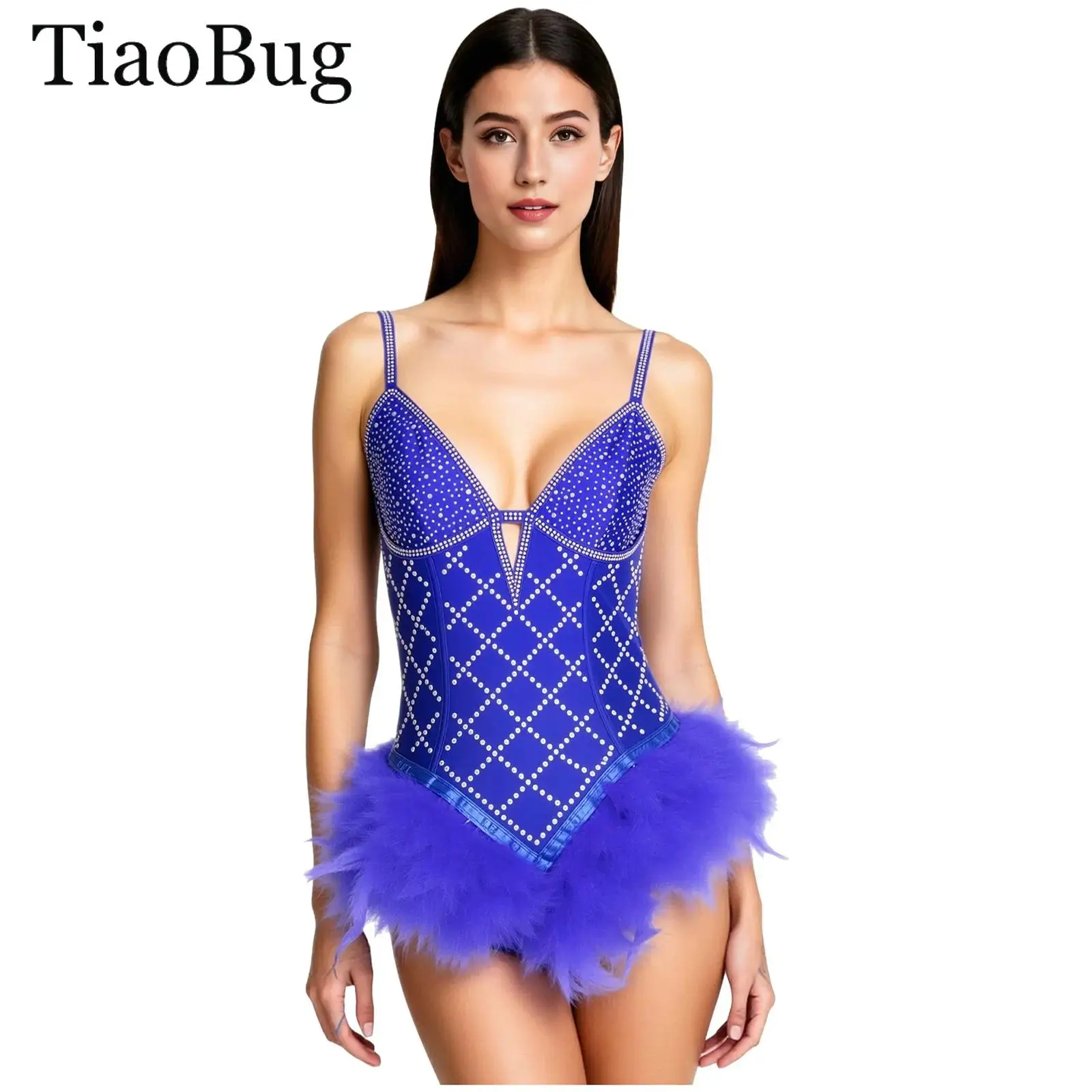 Women Feather Latin Dance Leotard V-Neck Keyhole Back Tango Rumba Cha Cha Dance Bodysuit Rhinestone Ballet Skating Dance Costume