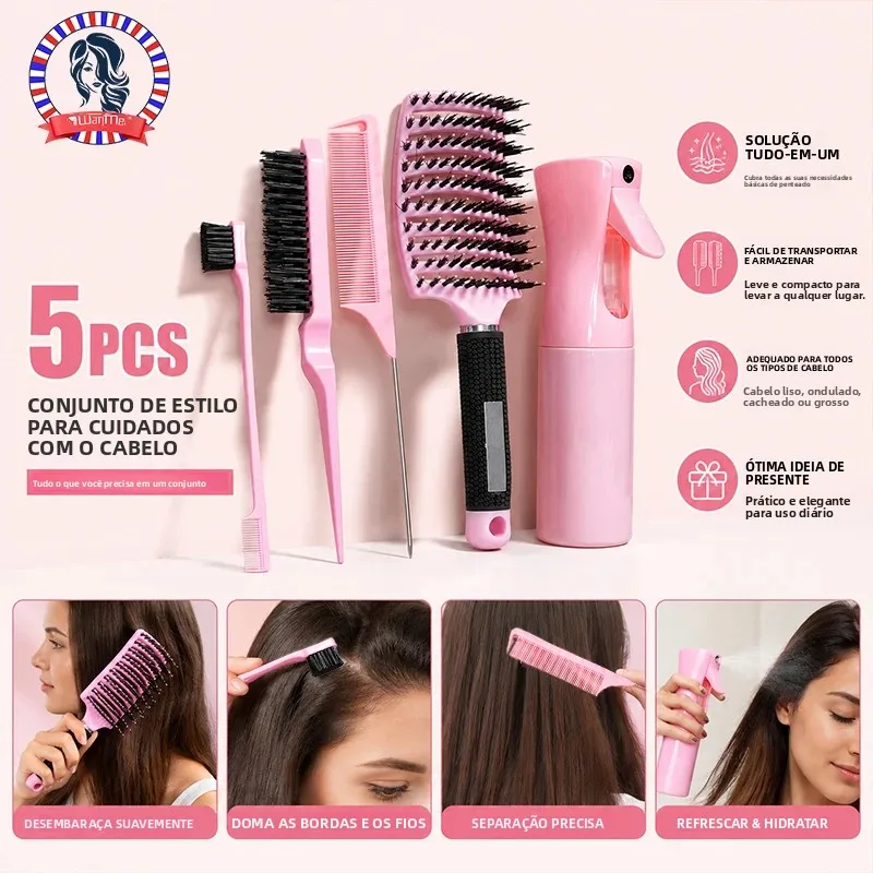 Conjunto de 5 Peças para Estilização de Cabelo: Escova Desembaraçadora, Pente Fino, Escova para Acabamento, Borrifador de Névoa Fina - Profissional para Salão, para Todos os Tipos de Cabelo