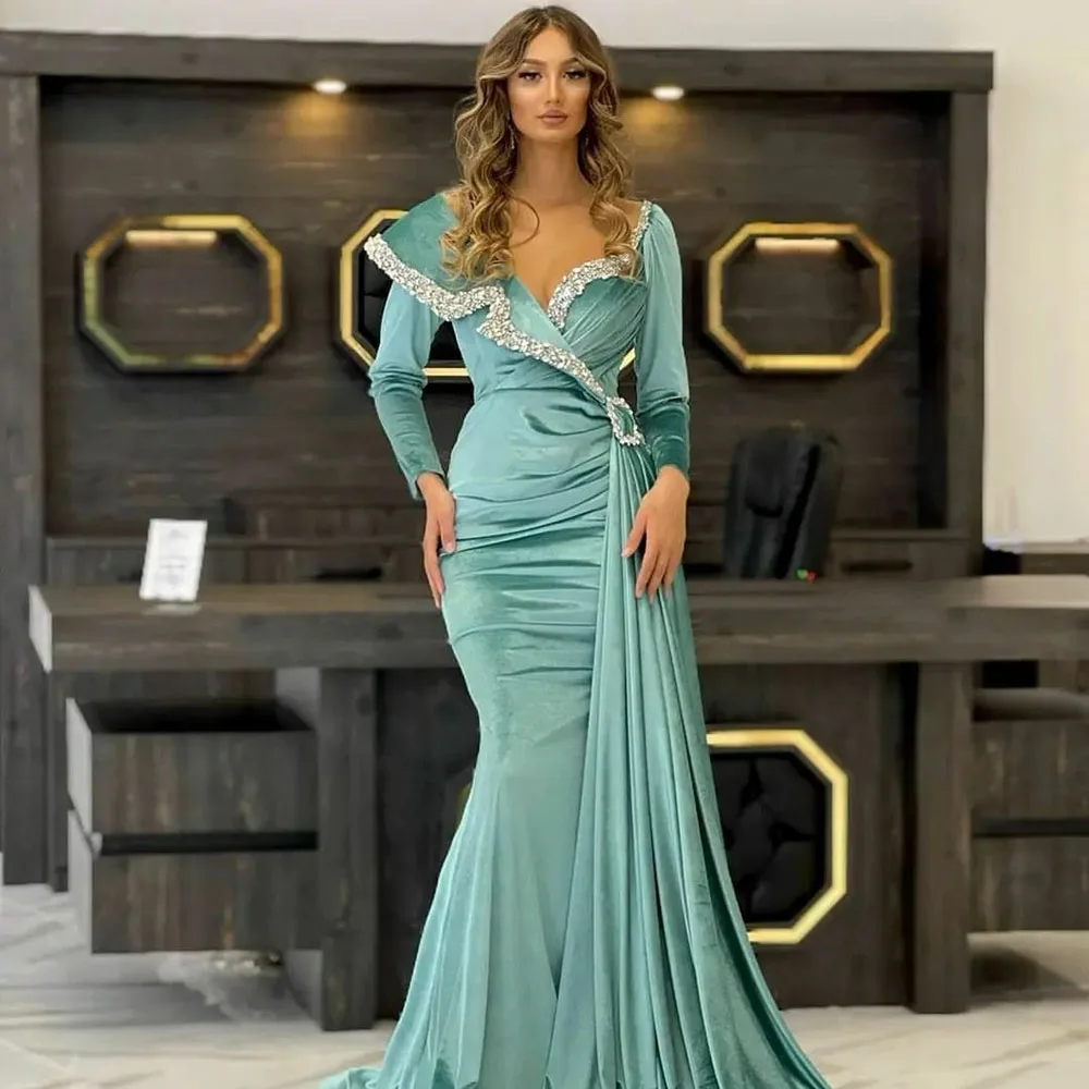 

SoDigne 2022 Sequins Velvet Mermaid Prom Dresses Pleats V Neck Cap Sleeves Long Dubai Women Prom Gowns vestidos de mujer