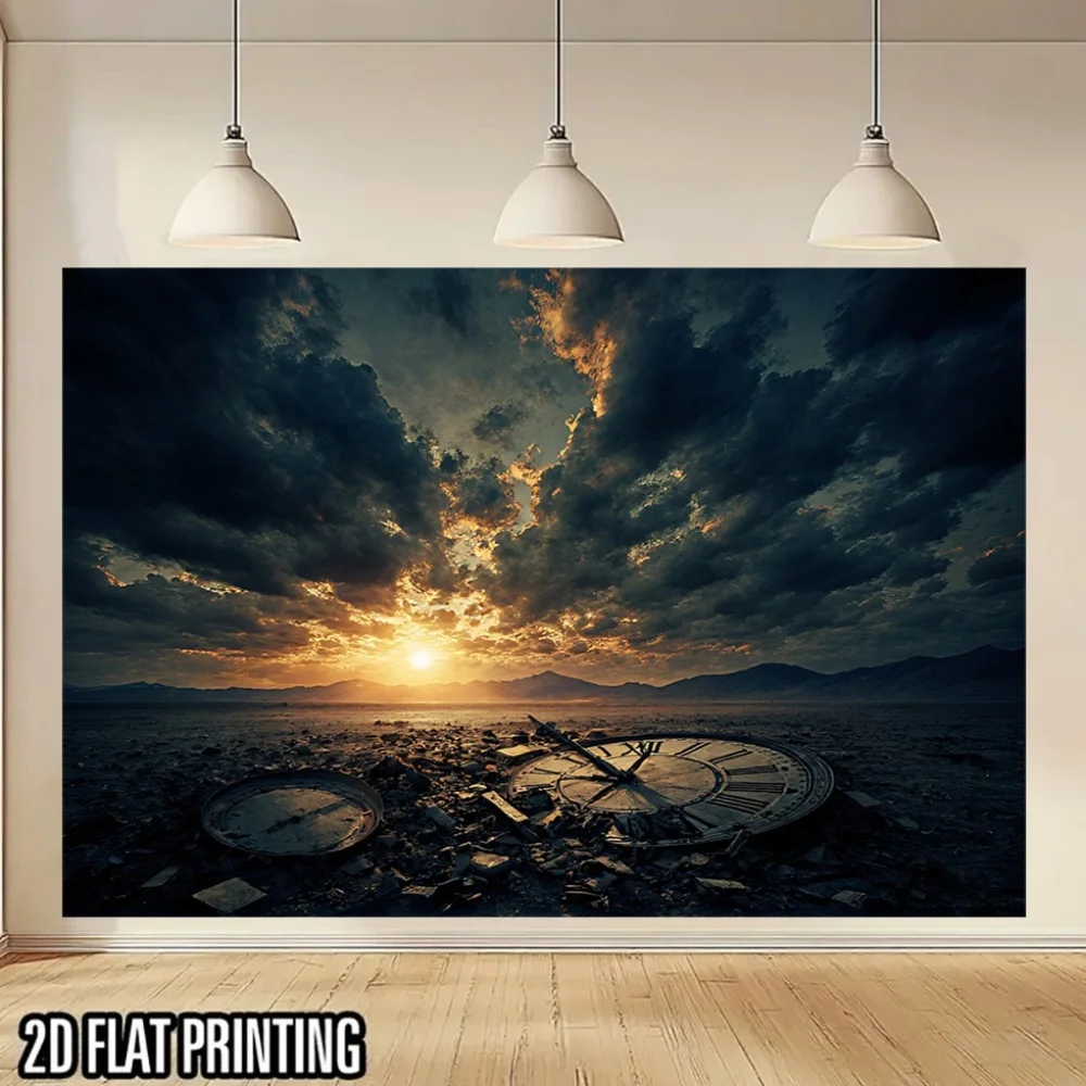 2D Flat, 1pc UV Printed Sunset & Broken Time Banner - Dramatic Desert Landscape Wall Decor with Flat Printing Technology, Durabl