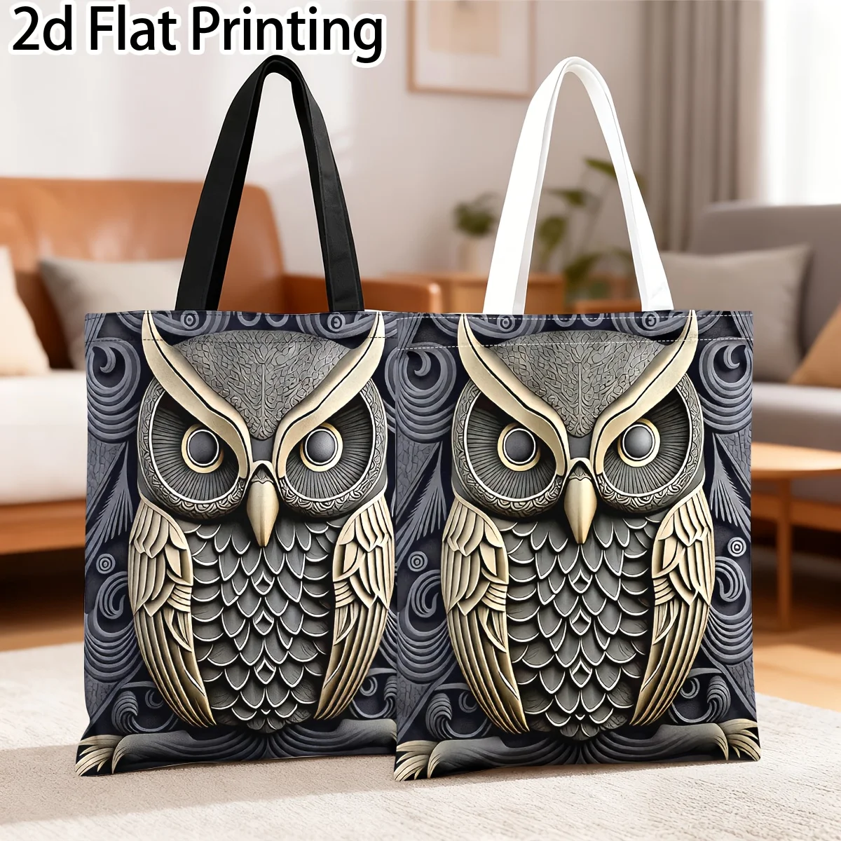 1pc Shopping Bag with Gorgeous Owl and Chinese Knot Pattern Polyester Foldable High-Quality for Daily Travel Use Handbag