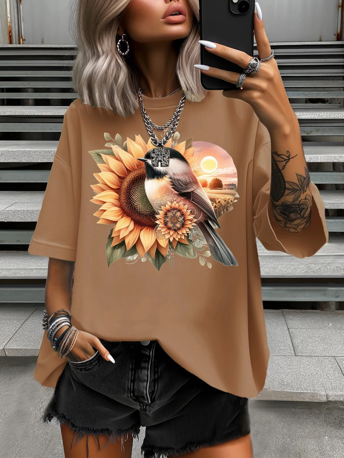 

Summer Women's Plus Size T-Shirt Original Design Sunflower Birds Pattern Printed Women's Casual Round Neck Short Sleeved Tops