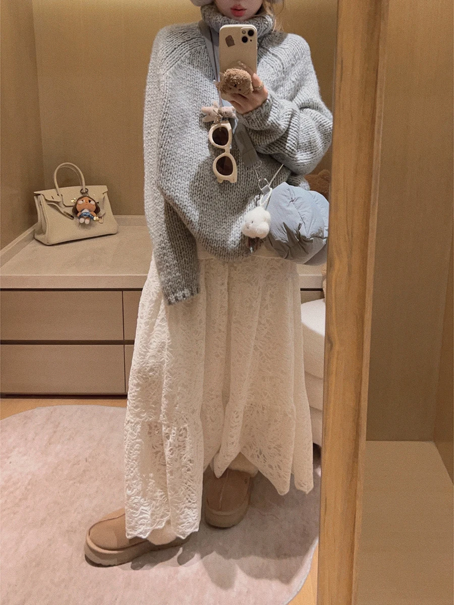 

Yukiss Lace Long Skirt Heavy Embroidery Fairy f-length Skirt in Beige Casual Sle with Belt Loose Fit H-pe Autumn 2025