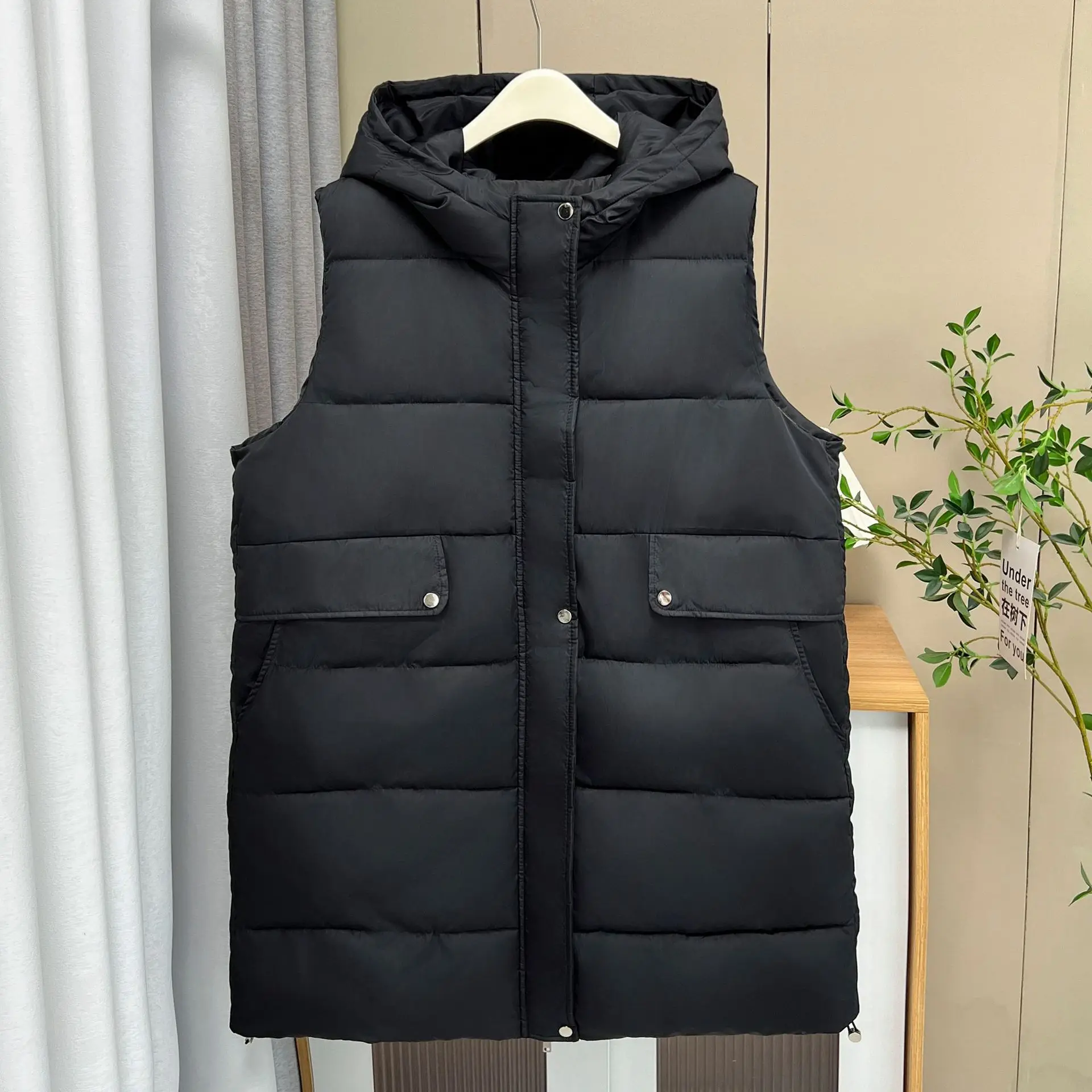 Plus Size Women Winter Parka Loose Thickening Long Waistcoat Hooded Cotton-Padded Warm Sleeveless Vest 2432