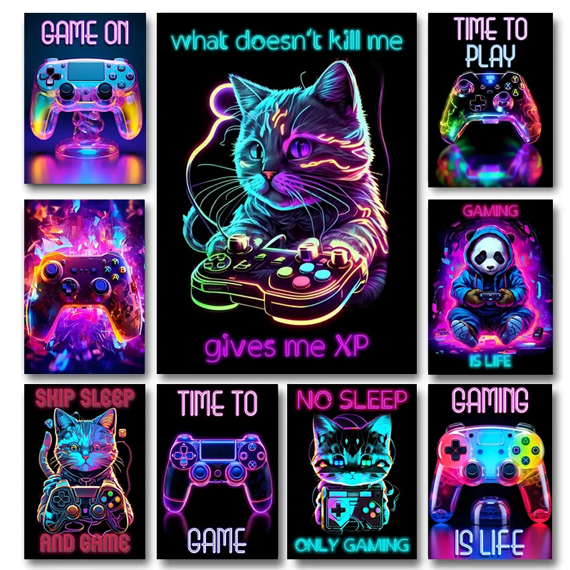 Game Controller Posters Prints Abstract Animal Cat Wall Art Canvas Painting Pictures for Boys' Room Game Room Decoration Gifts