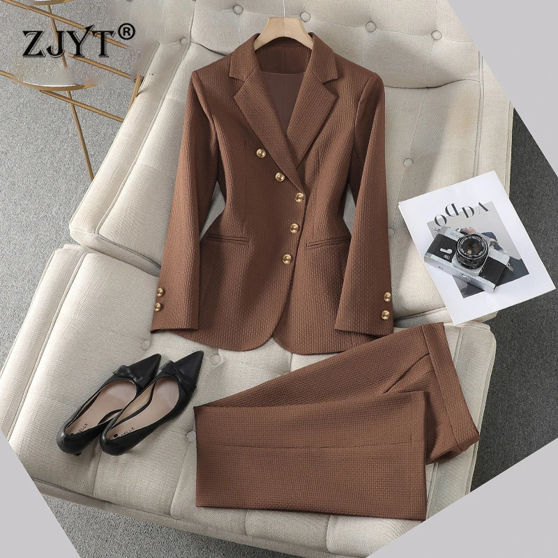 

ZJYT Business Chic Women's Single Breasted Blazer Suits Pant Sets 2 Piece Formal Office Lady Outfit Plus Size Jacket Trousers