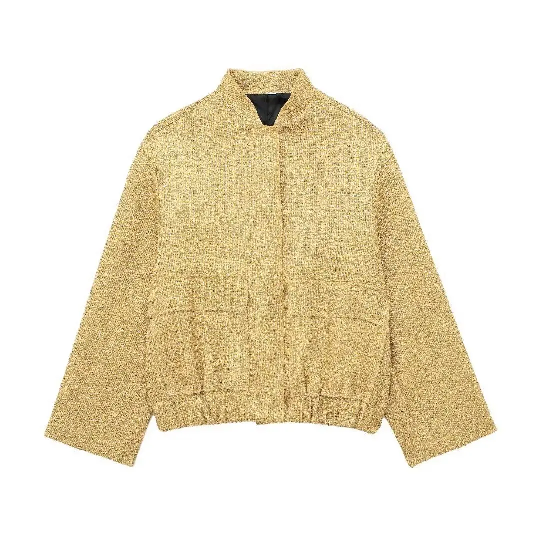 

ZBZA Autumn New Women's Faion Casual Sequin Decorated Jaet Versatile Simple Design f High Collar Polyester Fiber