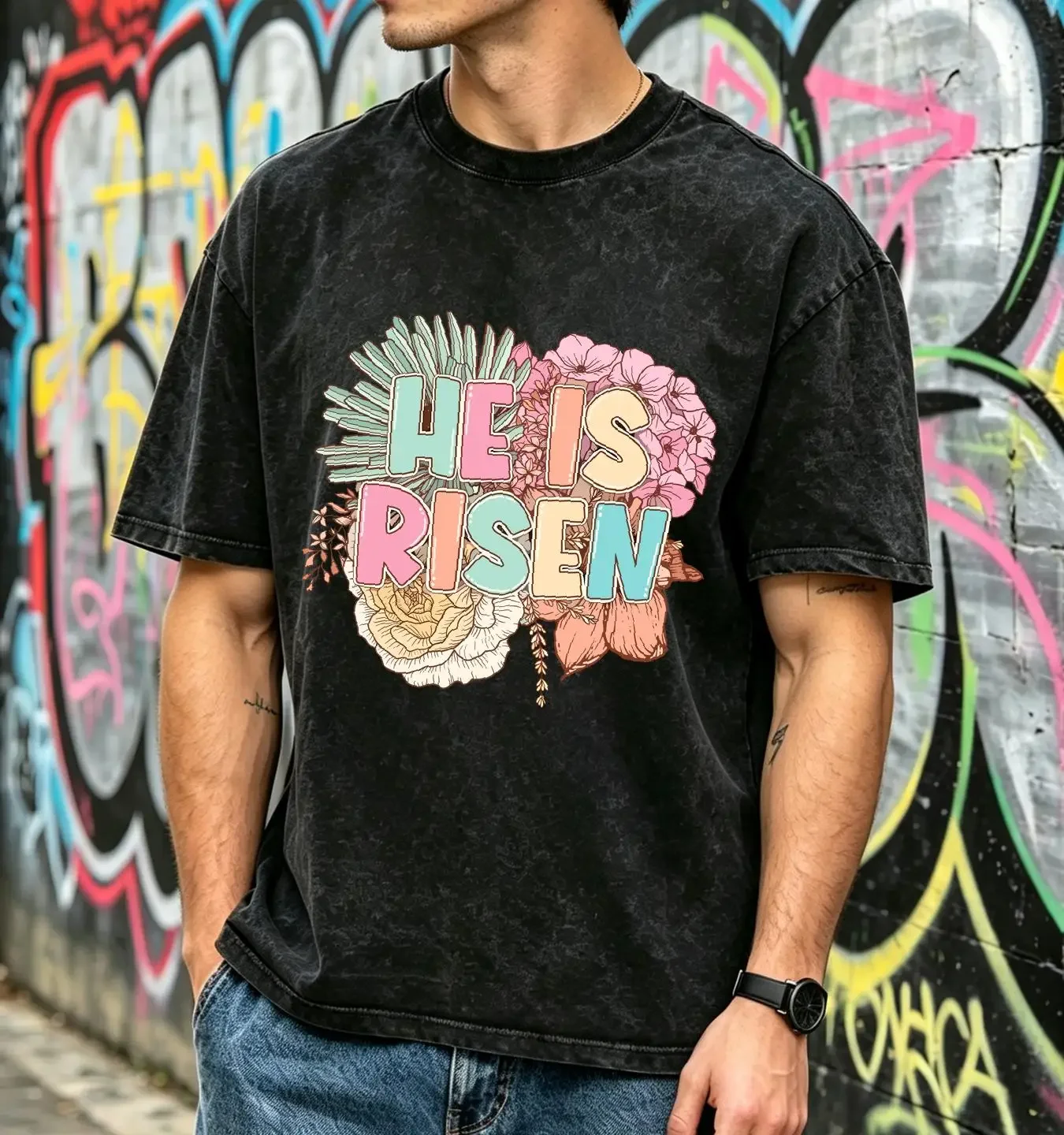 washed T Shirt He Is Risen Religious Easter Christian Cute Women Faith long or short sleeves vintage Washed Comfortable