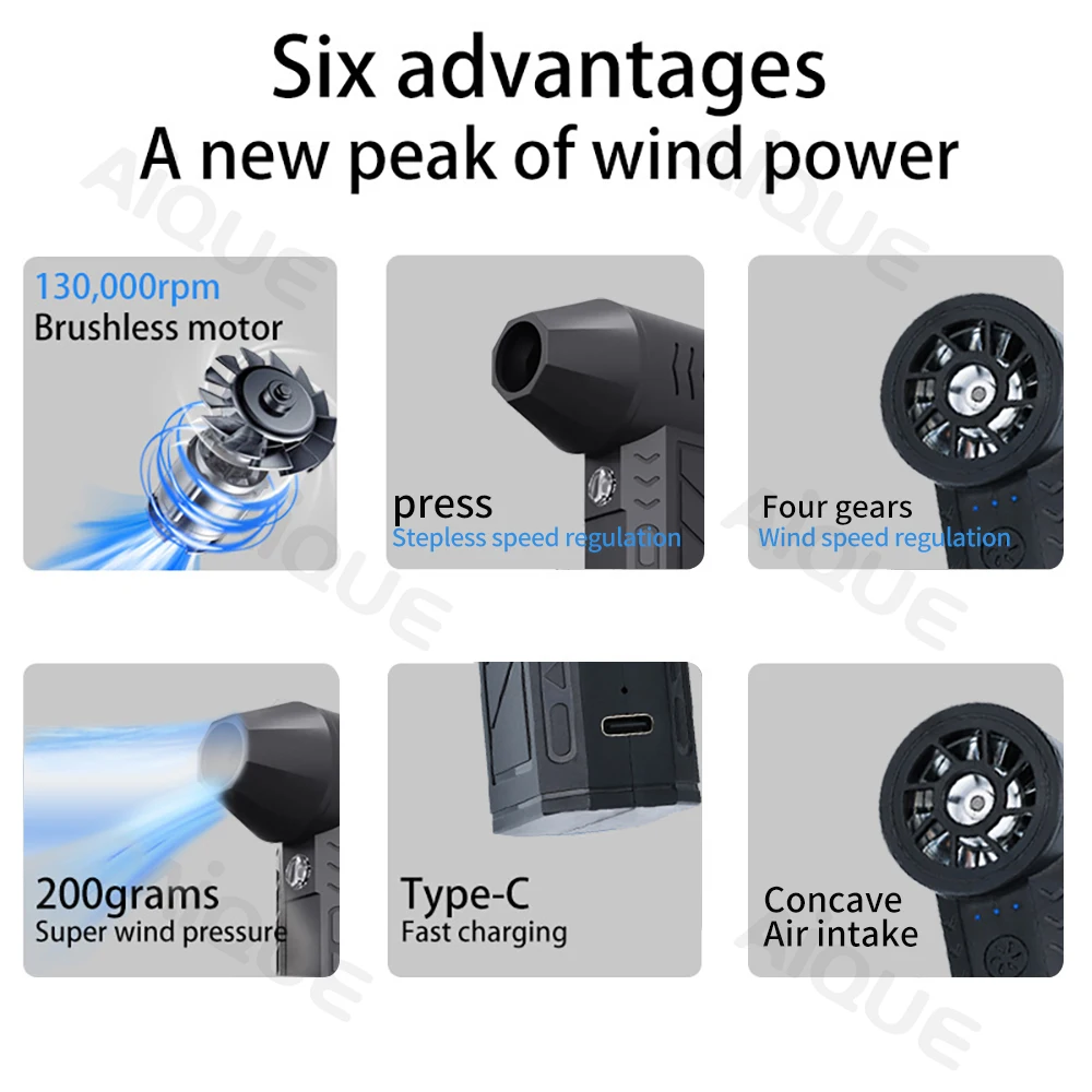 AiQUE 130000RPM Turbofan Potente spazzaneve 52M/S Jet Fan 4000Mah Motore brushless Condotto portatile Ricarica di tipo C portatile