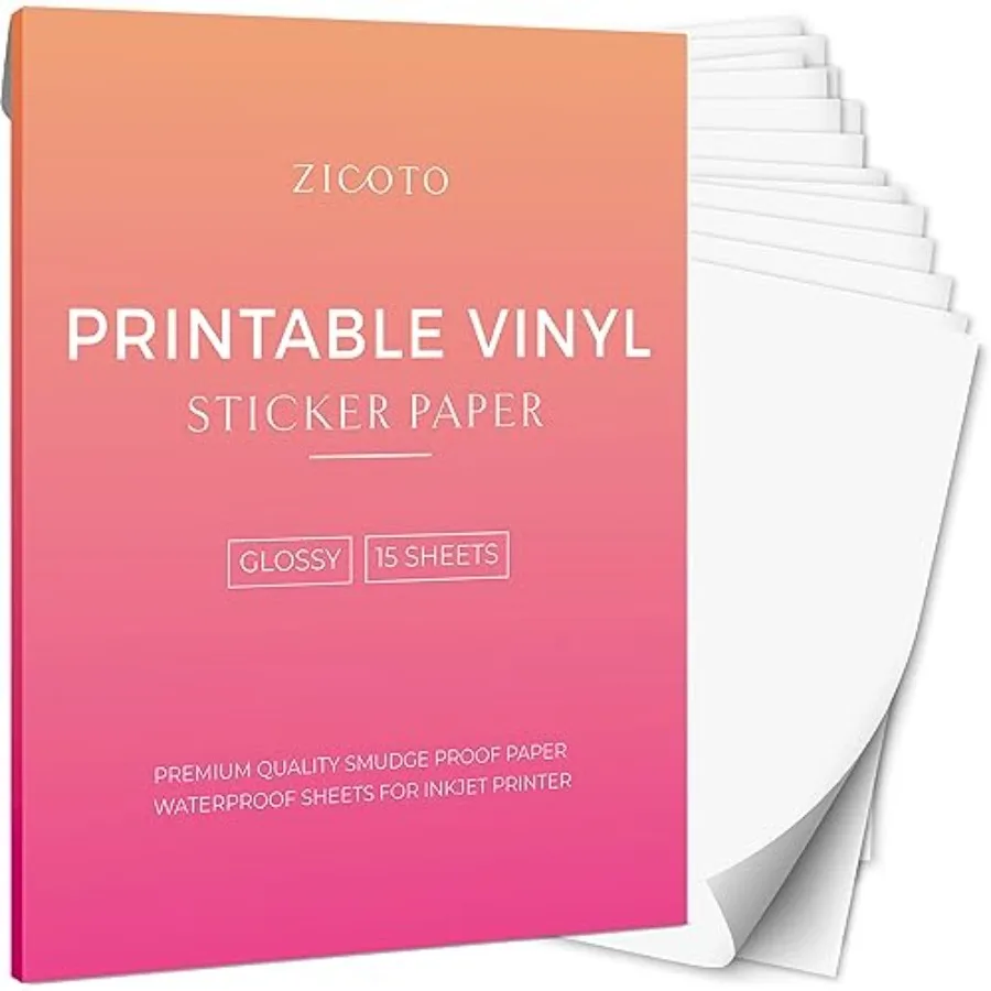 

Premium Printable Vinyl Sticker Paper - Glossy White 8.5 x 11 inch Sheets for Your Inkjet Or Laser Printer - 15 Waterproof Deca