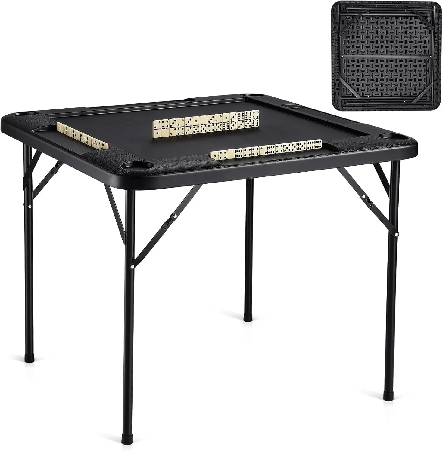 VEVOR Folding Card Table, 4 Player Portable with 4 Cup Holders & Chip Trays, Mahjong Domino Game Set, 35.4 x 35.4-inch, Black