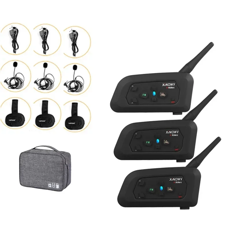 NEW 3-Pack XINOWY V4c Motorcycle Bluetooth 1200m Waterproof Full Duplex Communication System 4-Person Intercom Headset Hand