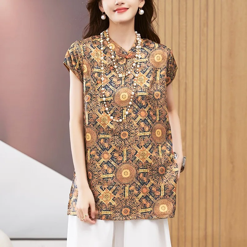 Women's Blouse Short Sleeve Round Neck Top Mandarin Collar Tunic Geometric Print Loose Fit Mid Length Gold Brown Shirt - view 3