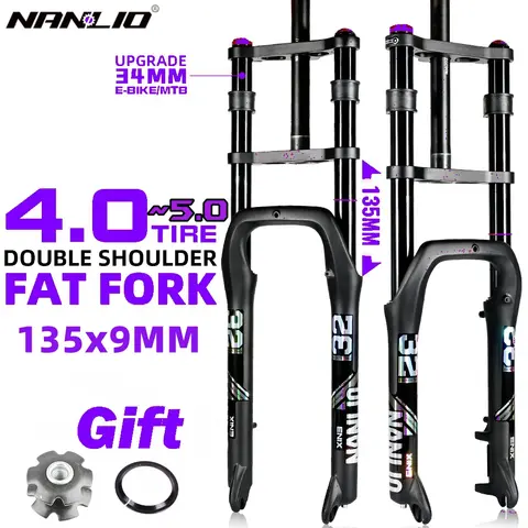 Nanlio Double Shoulder Air Suspension Fork 20/26 Inch Fat Tire Snow E-Bike Fork 135mm Travel MTB Front Air Fork