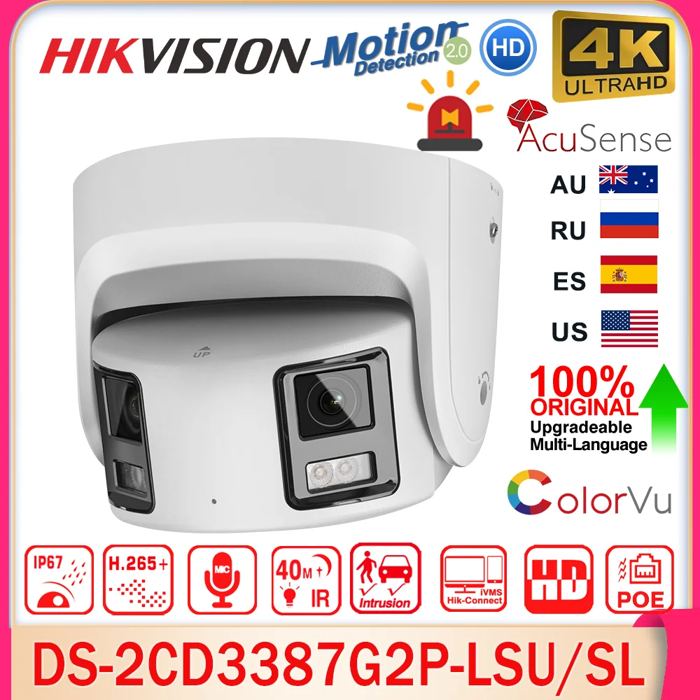 

Hikvision DS-2CD3387G2P-LSU/SL 8MP 4K Acusense ColorVu Panoramic IP Camera Dual Lens Strobe Light Audible Alarm 2-Way Audio POE