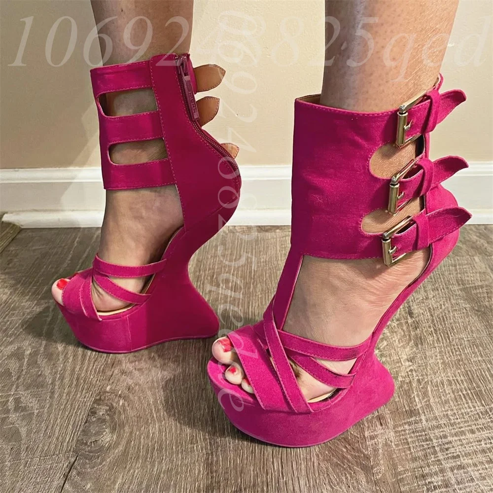 

Women's Suede Leather Peep Toe Ankle Straps Wedge Platform Sandals, Multiple Buckle Straps Curved Heel Gladiator Sexy Ankle Boot