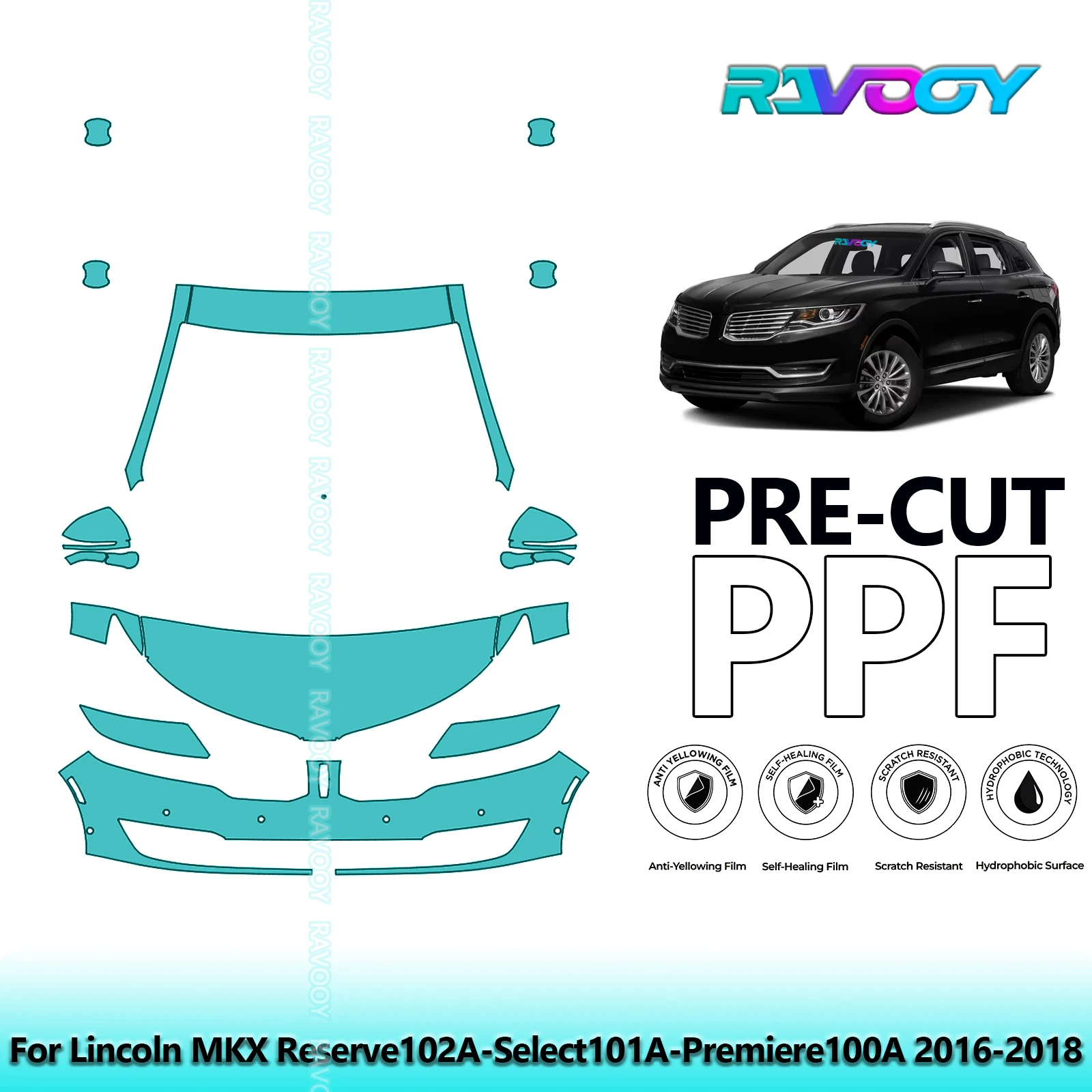 

8.5Mil Precut Paint Protection Film PPF Clear Bra Front Kit For Lincoln MKX Reserve102A-Select101A-Premiere100A 2016-2018