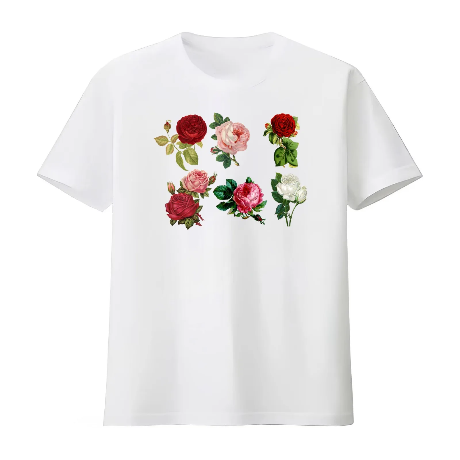 Various roses floral pattern T-Shirt Summer Casual Cotton Tee Oversized Streetwear Tops Vintage Graphic Print 100% Cotton