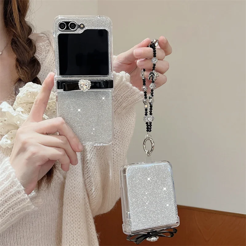 Cute Diamond Bow Glitter Phone Case For Samsung Galaxy Z Flip 5 4 3 Z Flip4 Flip5 Flip3 5G Cover with Chain Fashion Hinge Cases