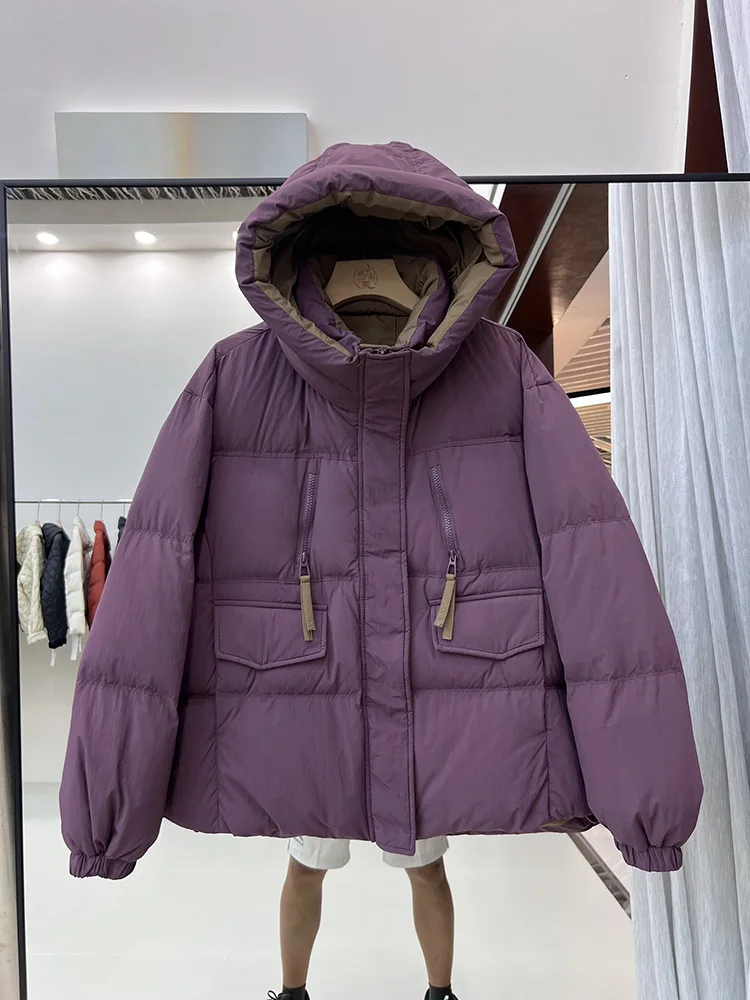 2025年冬新作 ダウンジャケット レディース ショート丈 フード付き ゆったり 暖かい ポケット付き ジッパー 90%ホワイトダックダウン ブレッドジャケット トレンド