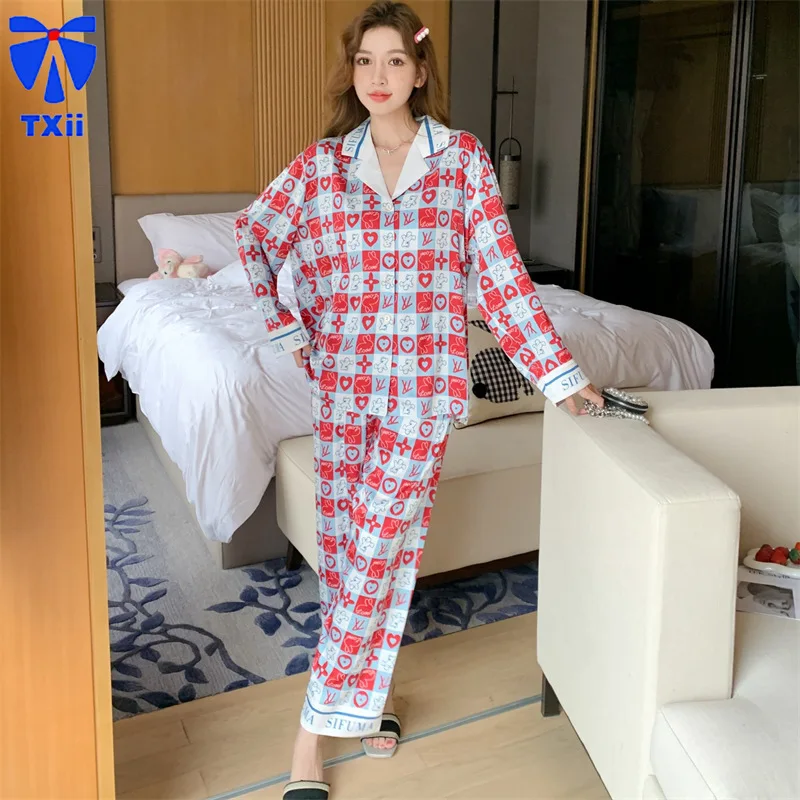 Spring Autumn 2024 New Pajamas Women's Ice Silk Long Sleeve Trousers Cardigan Home Clothes Internet Celebrant Explosions