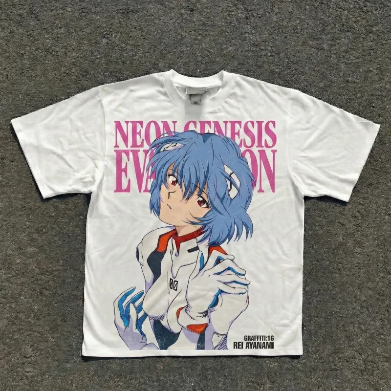New Century Evangelion Anime Ayanami Weißes Retro-Sommer-Neues Unisex-Freizeit-T-Shirt aus Baumwolle