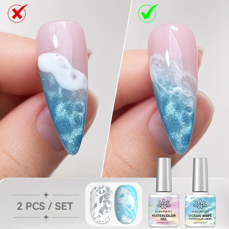 BORN PRETTY 2PCS Ocean Wave Gel & Watercolor Liquid 10ml White Blossoming Wave Bubble Spread Gradient Hollow Nail Design Supplie