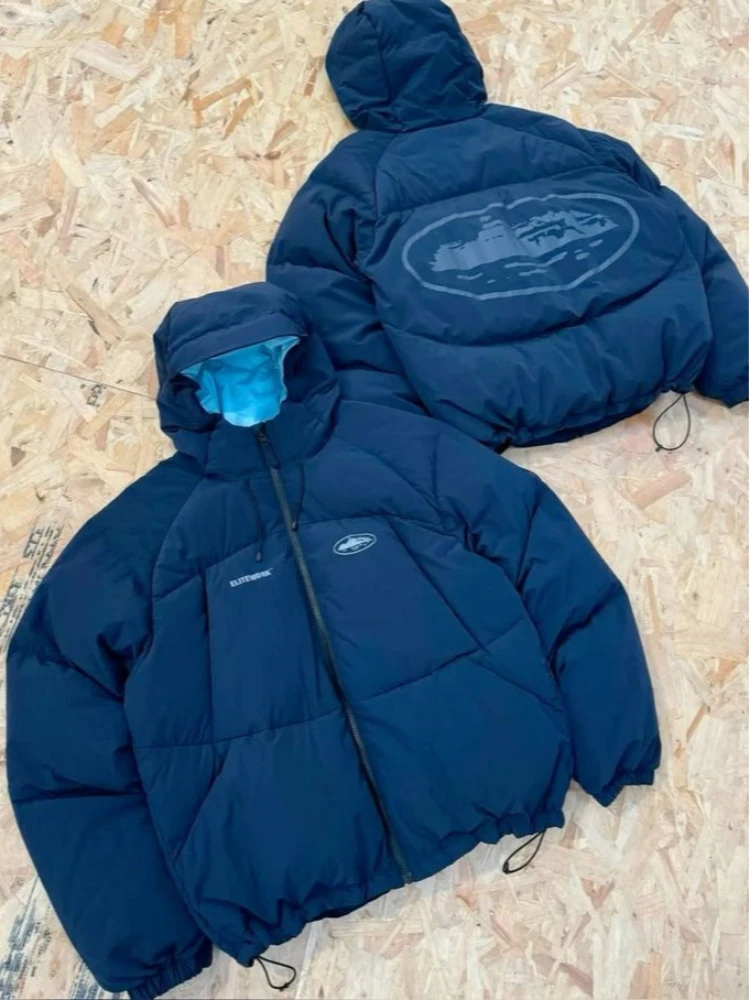 Unisex Hooded Puffer Jacket, Letter Oval Print Drawstring Hem Zip‑up Winter Warm Casual Loose Bread Coat for Men Women