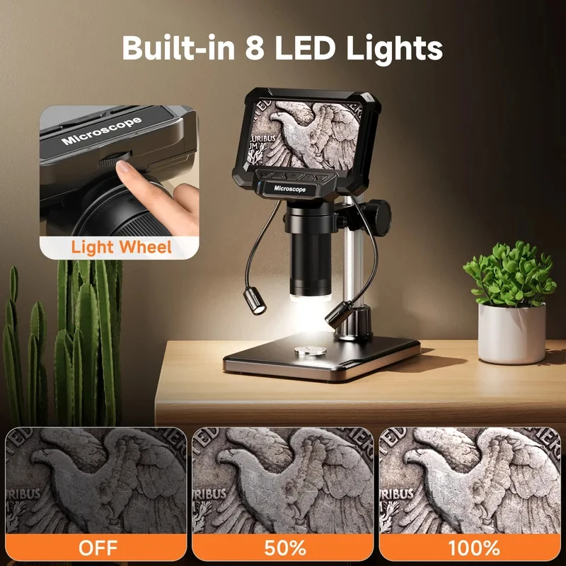 TOP4.3inch Microscope Digital Coin Microscope 1600X Coin Magnifier with Lights HD Microscope for PCB Repair Plants PC View