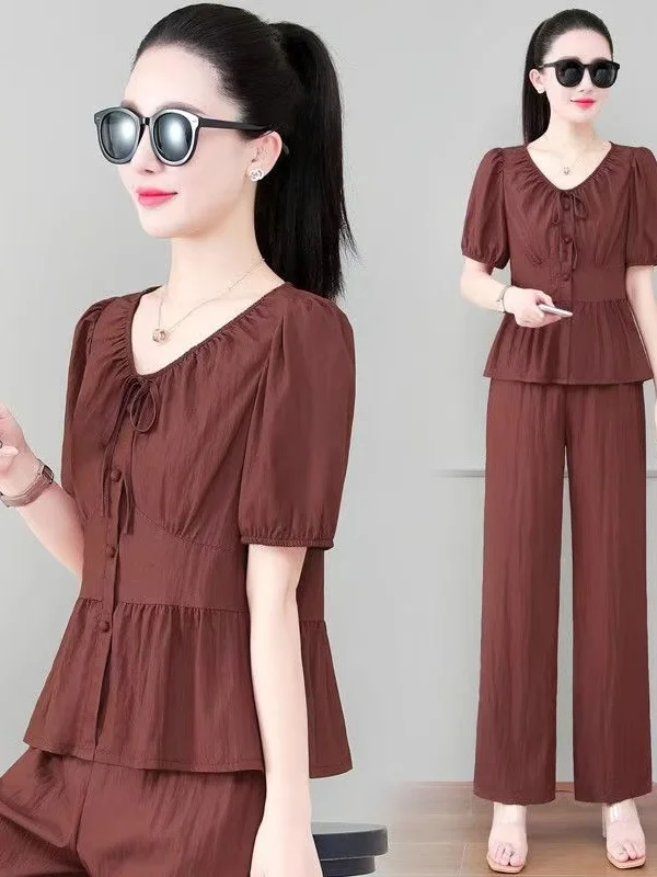

plus Size Women's Fashionable Summer Outfit Short Sleeve Shirt Wide Leg Pants Two Piece Set Slimming Effect High Waist Design
