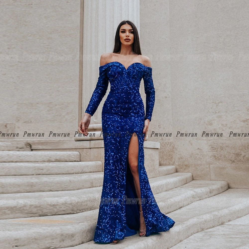 

Royal Blue Velour Sequin Prom Dress Long Sleeve Custom Side Slit Sweep Train Off Shoulder Glitter Evening Party Gown For Woman