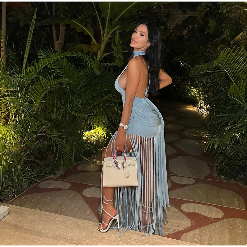 Women Sexy Tassel Patchwork Maxi Dress Elegant V-neck Wide Strap Sleeveless Waist-cinching Slim Fit Dresses Chic New Party Gowns
