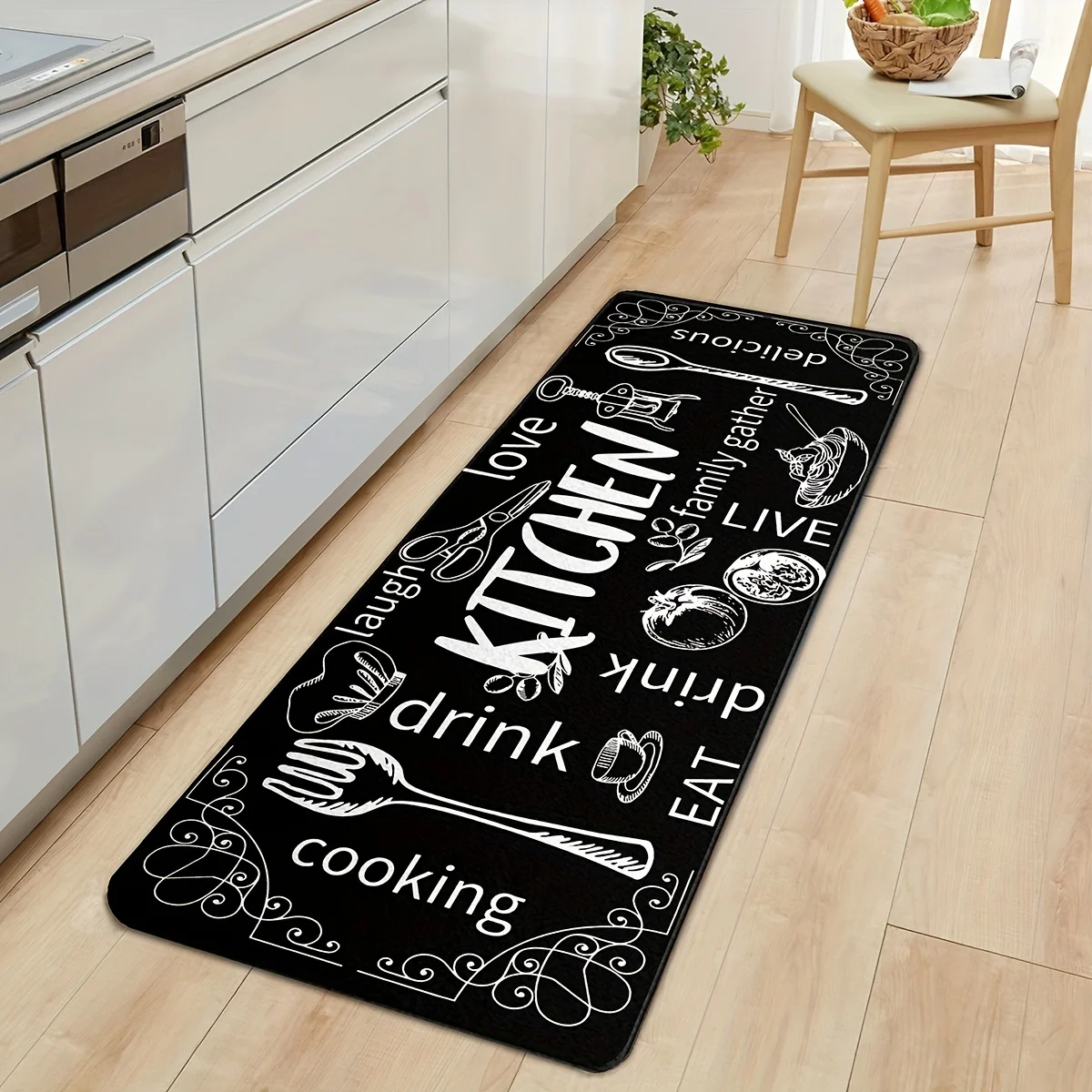 Modern Kitchen Typography Long Floor Mat, Black White Utensils Print Non-Slip Durable Runner Rug for Kitchen Hallway
