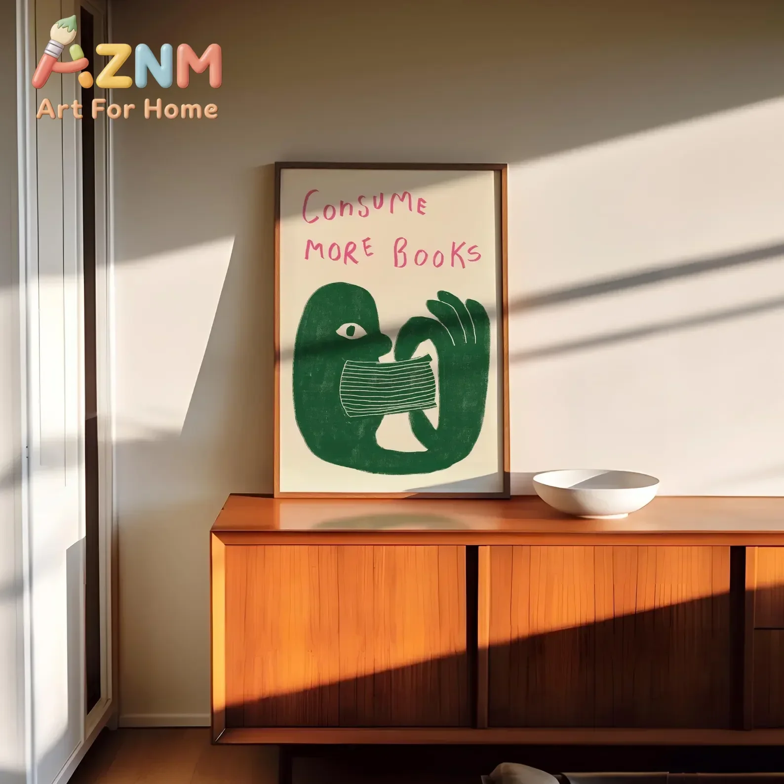 AZNM Frameless Canvas Wall Art Consume More Books Quote Print Abstract Cartoon Figure Reading Typography Poster Library Study Ro